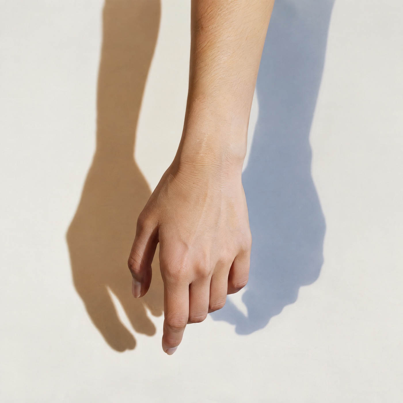 A single wrist, two shadows falling in different directions, clean seamless ground