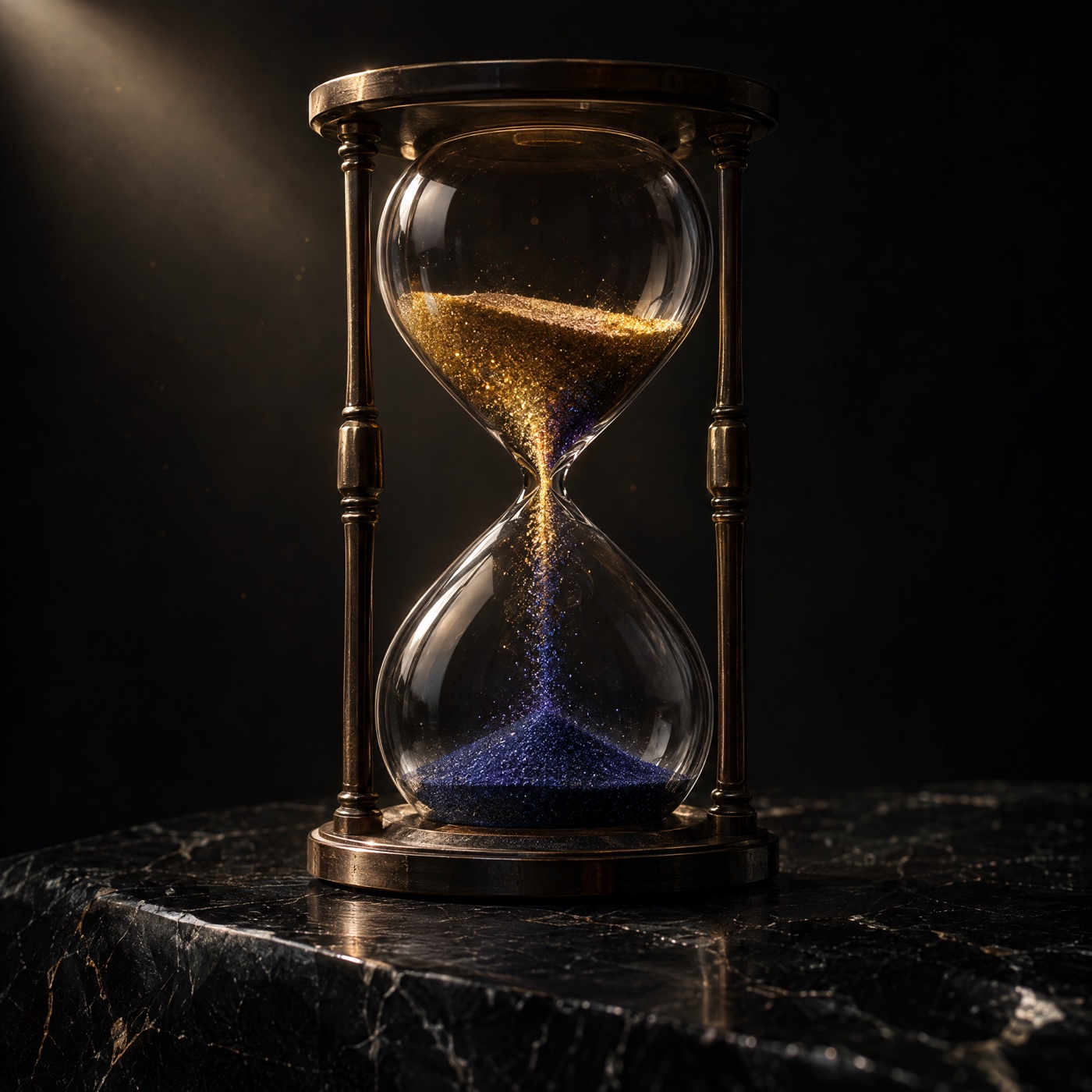 An hourglass whose sand changes colour mid-fall, gold above and indigo below, single light source