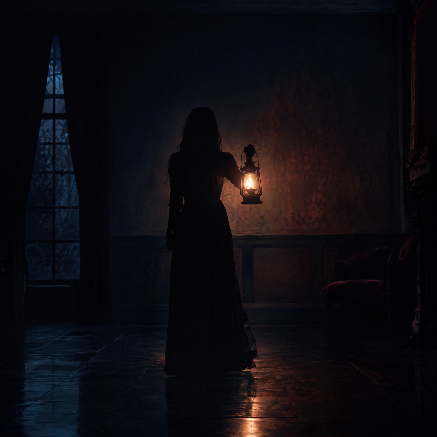 A single figure in silhouette holding a lit room, face withheld, one lamp, deep navy
