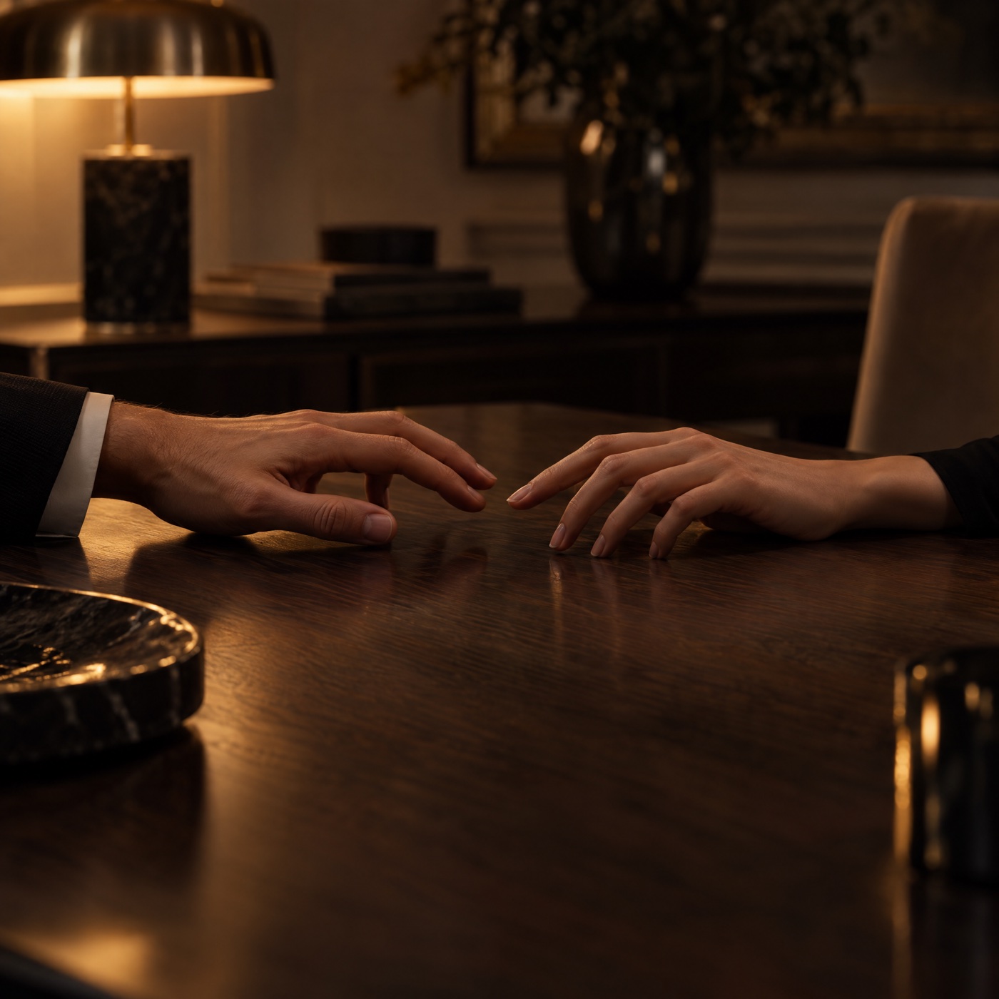 Two hands passing a rigid debossed box across a table, faces out of frame, warm low light
